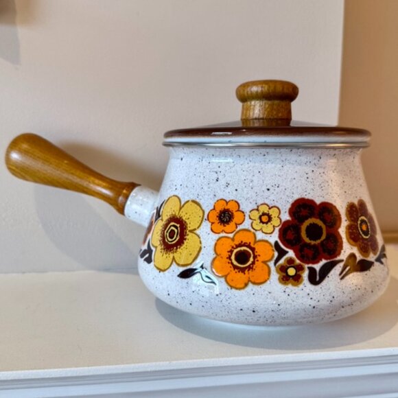 Vintage 70s Brown Orange Floral Enamel Fondue Pot - Picture 1 of 14